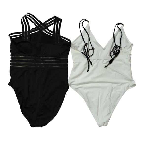Lot of 2 Womens One Piece Swimsuit Ruched Side Strappy Beach Black White Size L - Picture 2 of 8